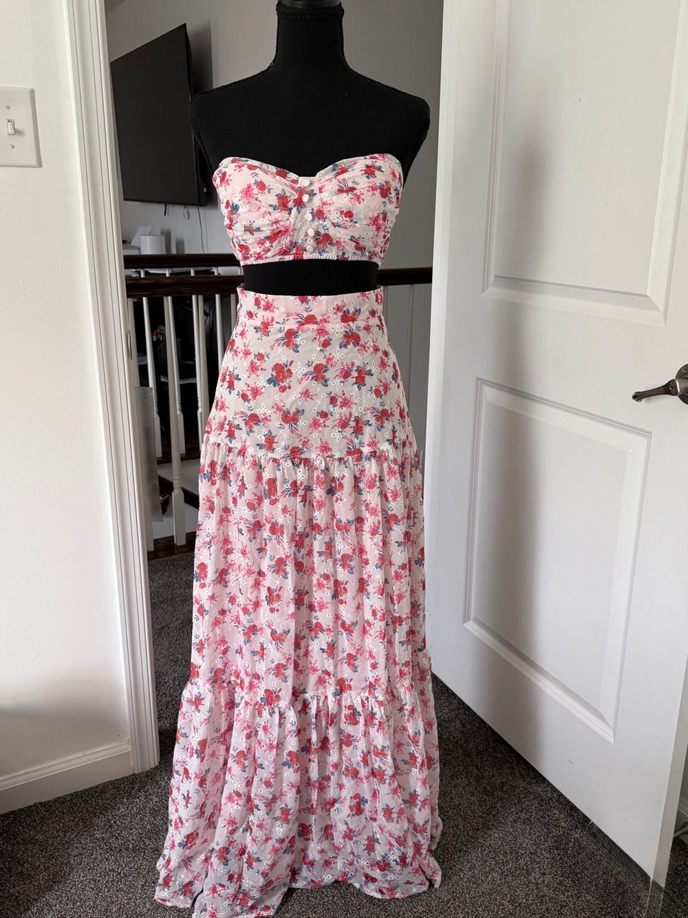 Floral Tiered Maxi Skirt in Pink